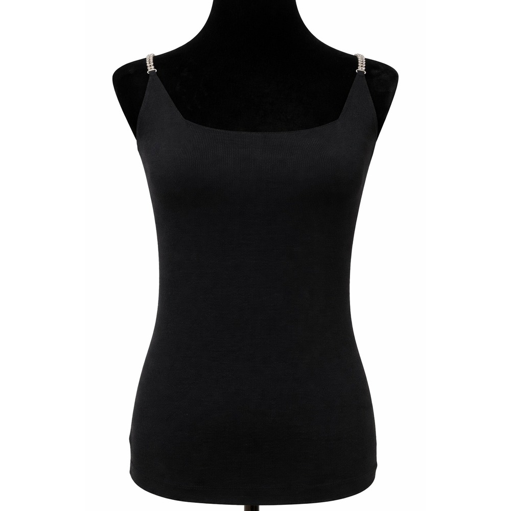 Pow Wow Womens Clear Rhinestone Strap Tank Top Size XS Black Knit Stretch